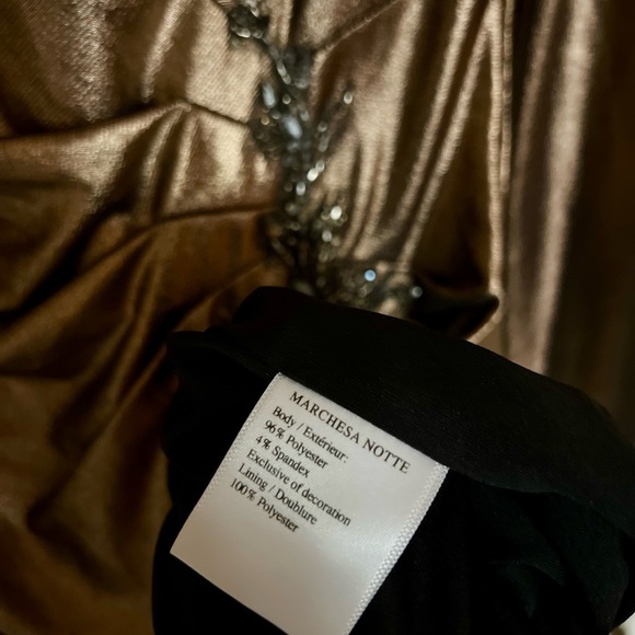 Marchesa Notte Bronze Gold Metallic Foiled Lamé Long-Sleeve Cocktail Dress - Picture 6 of 10